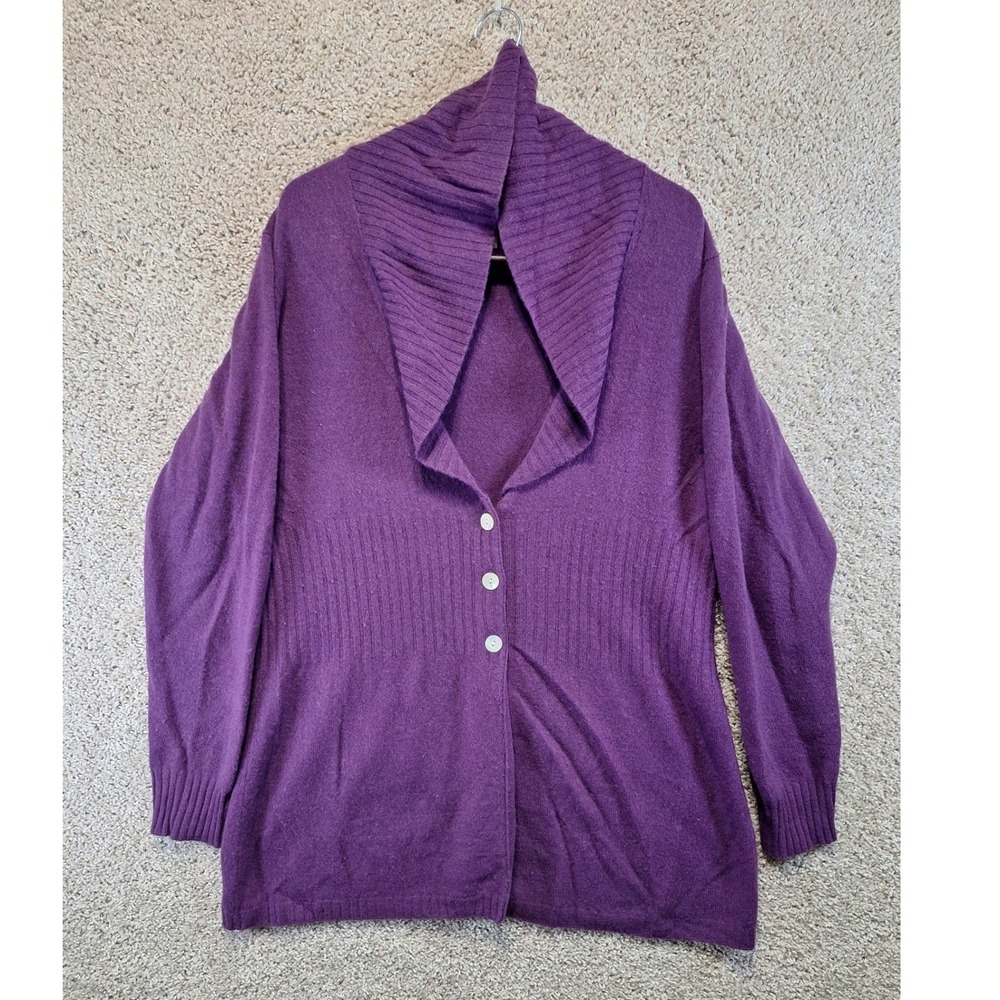 Precious Fibers Cardigan XL Purple 100% Cashmere Button Front Shawl Collar Tunic